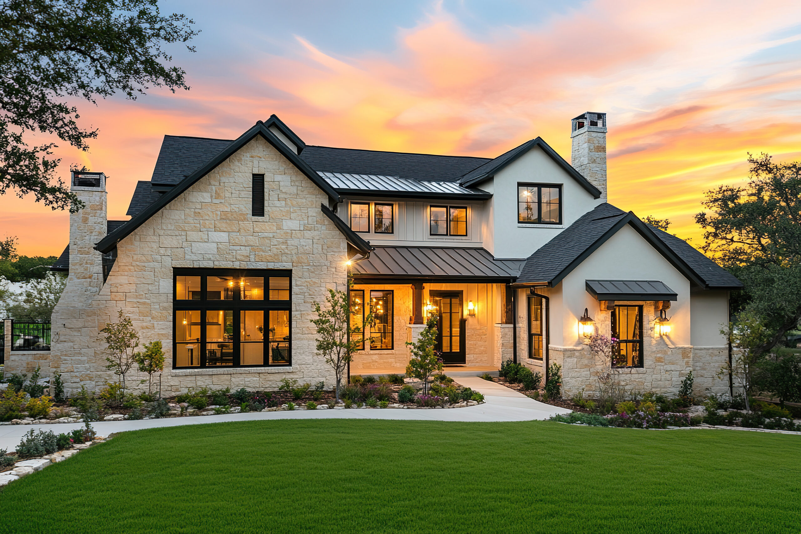 An elegant two-story, modern farmhouse home in the Woodlands, TX, with a stone exterior and black windows at sunset